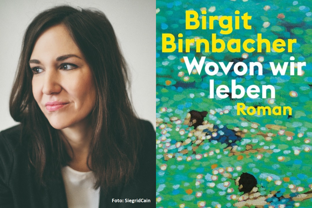 Birgit Birnbacher wovon wier leben - Autorenlesung, 2 teiliges Bild links Porträt von Birgit Birnbacher, rechts das Buchcover 
